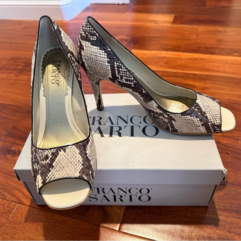 Franco Sarto Snakeskin Peep-Toe Heels